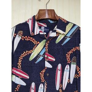 Bullhead Shirt Mens Large Navy Surfboard Hawaiian Aloha Button Front Made USA‎